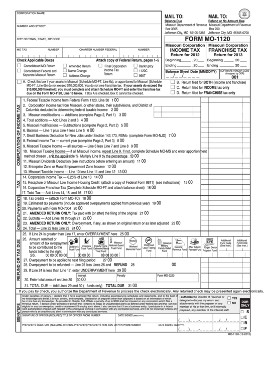 Fillable Form Mo-1120 - Missouri Corporation Income Tax/franchise Tax Printable pdf