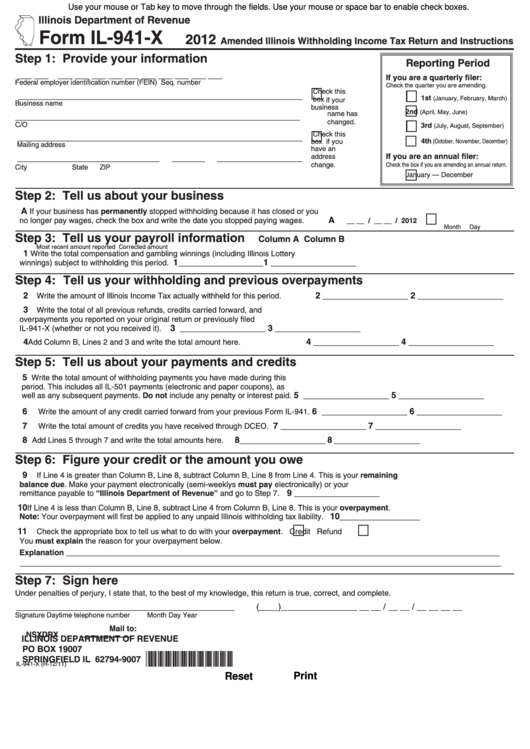 Form Il-941-X - Amended Illinois Withholding Income Tax Return And Instructions - 2012 Printable pdf
