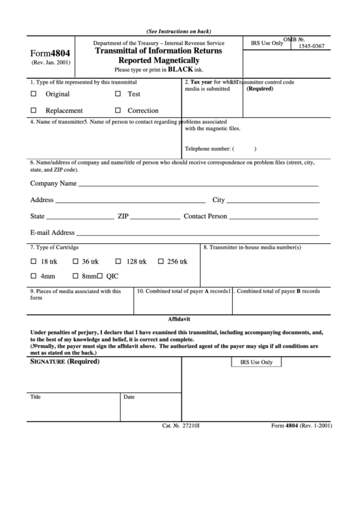 Form 4804 - Transmittal Of Information Returns Reported Magnetically 2001 Printable pdf