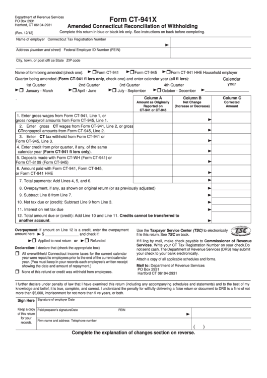 Form Ct 941x Amended Connecticut Reconciliation Of Withholding 2012