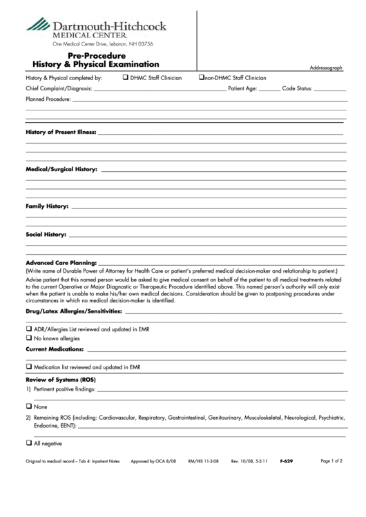 PreProcedure HistoryPhysical Examination Form printable pdf download