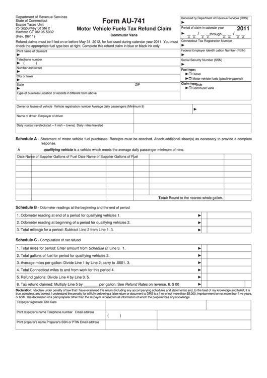 Form Au-741 - Motor Vehicle Fuels Tax Refund Claim - 2011 Printable pdf