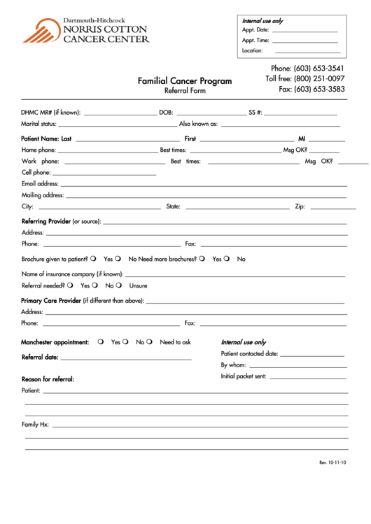 Familial Cancer Program Referral Form Printable pdf