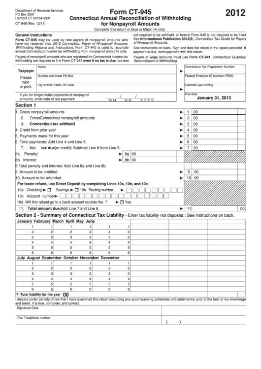 Form Ct-945 - Connecticut Annual Reconciliation Of Withholding For Nonpayroll Amounts - 2012 Printable pdf
