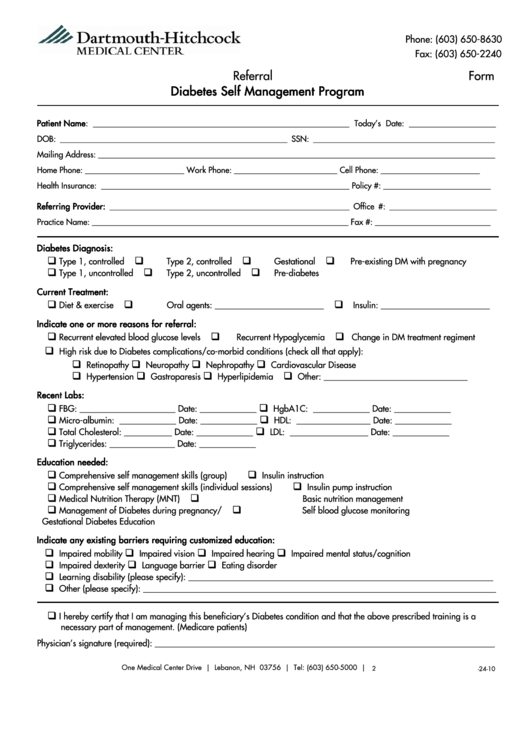 Diabetes Self Management Program Referral Form Printable pdf