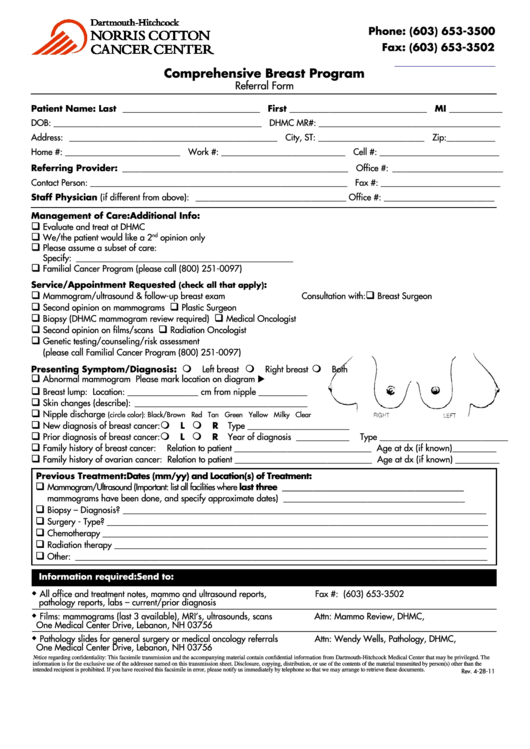 Comprehensive Breast Program Referral Form Printable pdf