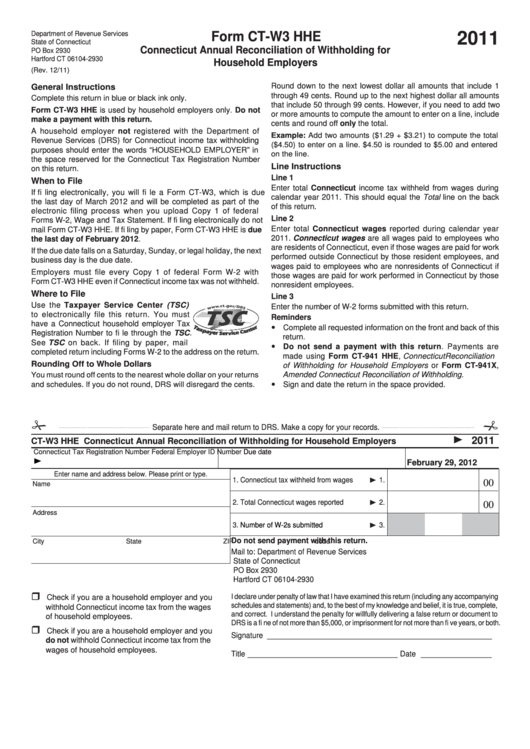Form Ct-W3 Hhe - Connecticut Annual Reconciliation Of Withholding For Household Employers - 2011 Printable pdf