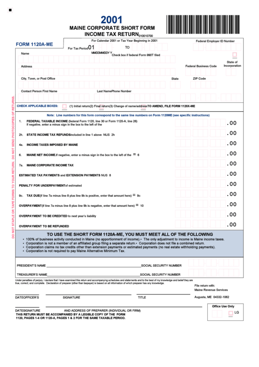 Form 1120a-Me - Maine Corporate Short Form Income Tax Return - 2001 Printable pdf