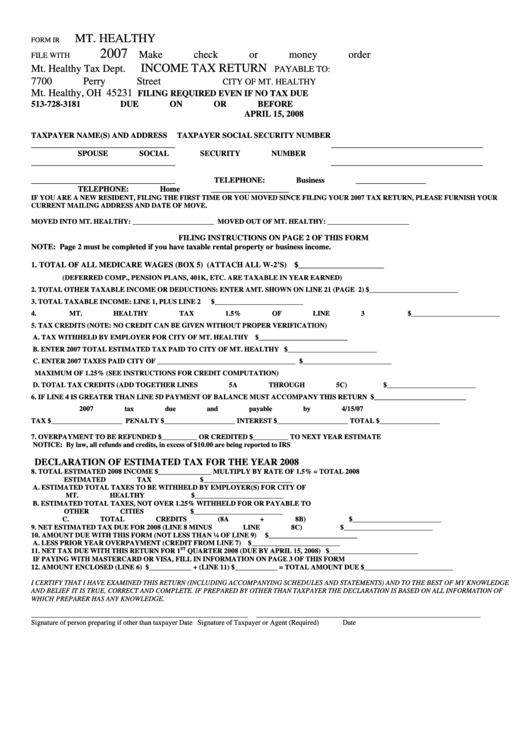 Form Ir - Mt. Healthy Income Tax Return - 2007 Printable pdf
