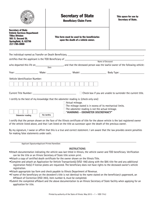 Fillable Secretary Of State-Beneficiary Claim Form Printable pdf