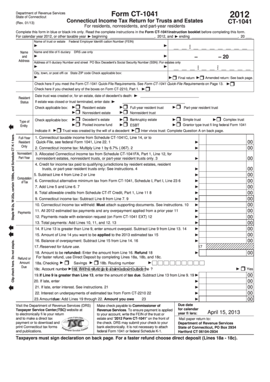 Form Ct-1041 - Connecticut Income Tax Return For Trusts And Estates - 2012 Printable pdf