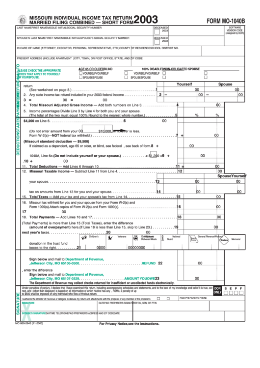 Form Mo-1040b - Missouri Individual Income Tax Return Married Filing Combined - 2003 Printable pdf