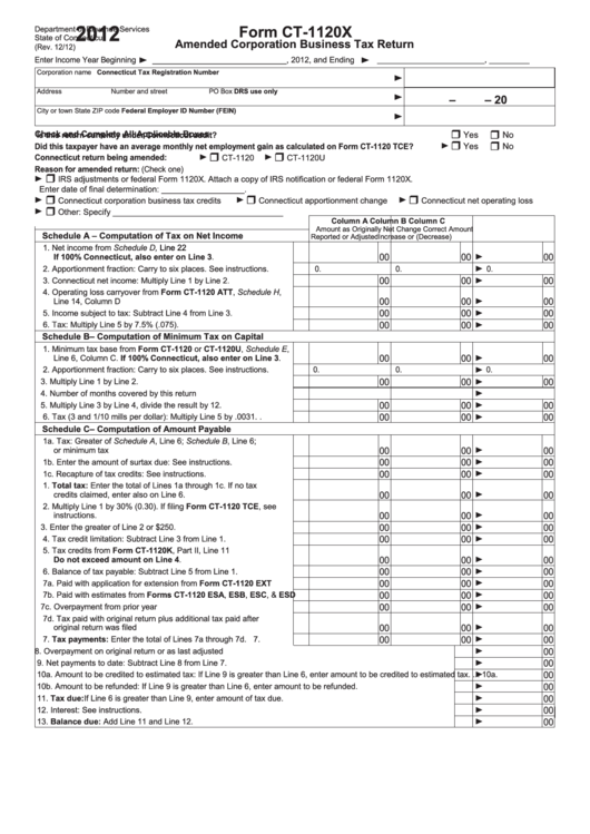 Form Ct-1120x - Amended Corporation Business Tax Return - 2012 Printable pdf