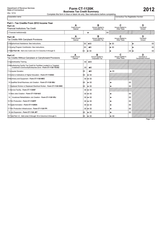 Form Ct-1120k - Business Tax Credit Summary - 2012 Printable pdf