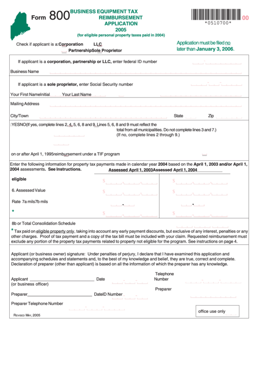 Form 800 - Business Equipment Tax Reimbursement Application - 2005 Printable pdf