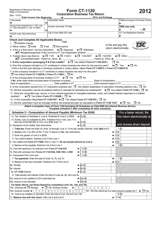 Form Ct-1120 - Corporation Business Tax Return - 2012 Printable pdf