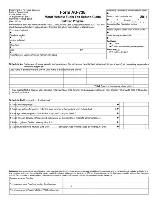 Form Au-738 - Motor Vehicle Fuels Tax Refund Claim - 2011 Printable pdf