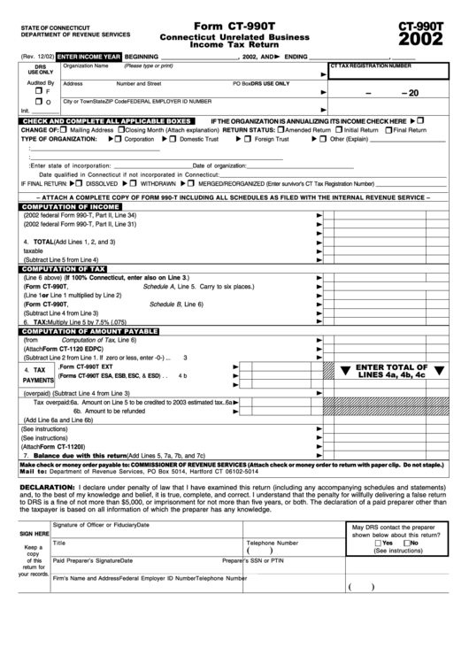 Form Ct-990t - Connecticut Unrelated Business Income Tax Return - 2002 Printable pdf