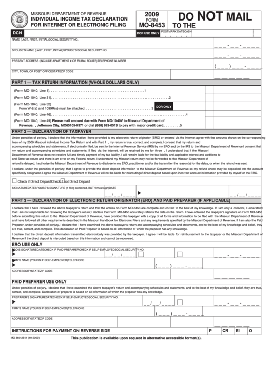 Form Mo-8453 - Individual Income Tax Declaration For Internet Or Electronic Filing - 2009 Printable pdf
