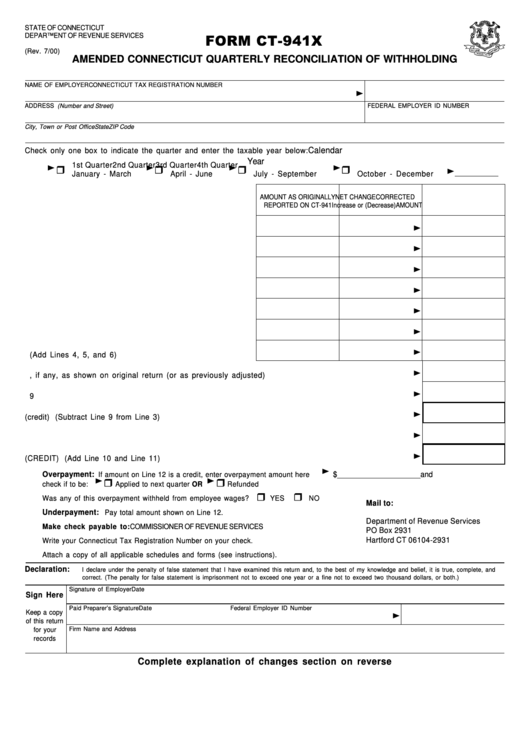 Form Ct-941x - Amended Connecticut Reconciliation Of Withholding - 2000