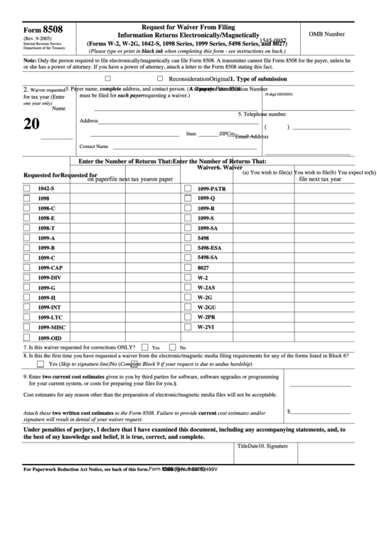 Fillable Form 8508 - Request For Waiver From Filing Information Returns Electronically/magnetically Printable pdf