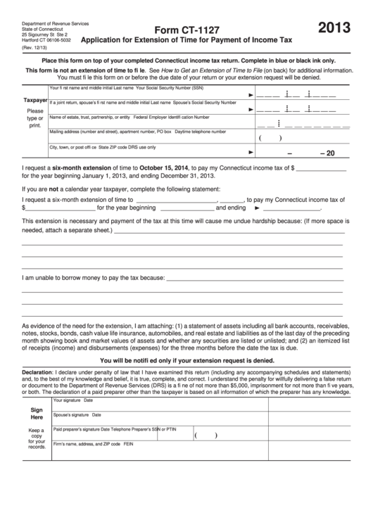 Form Ct-1127 - Application For Extension Of Time For Payment Of Income Tax - 2013 Printable pdf