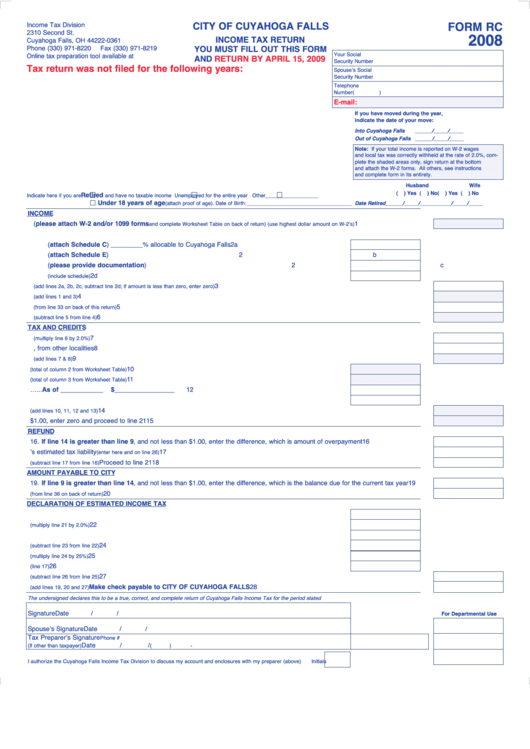 Form Rc - Income Tax Return - City Of Cuyahoga Falls - 2008 Printable pdf