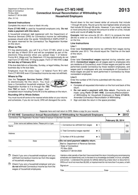 Form Ct-W3 Hhe - Connecticut Annual Reconciliation Of Withholding For Household Employers - 2013 Printable pdf