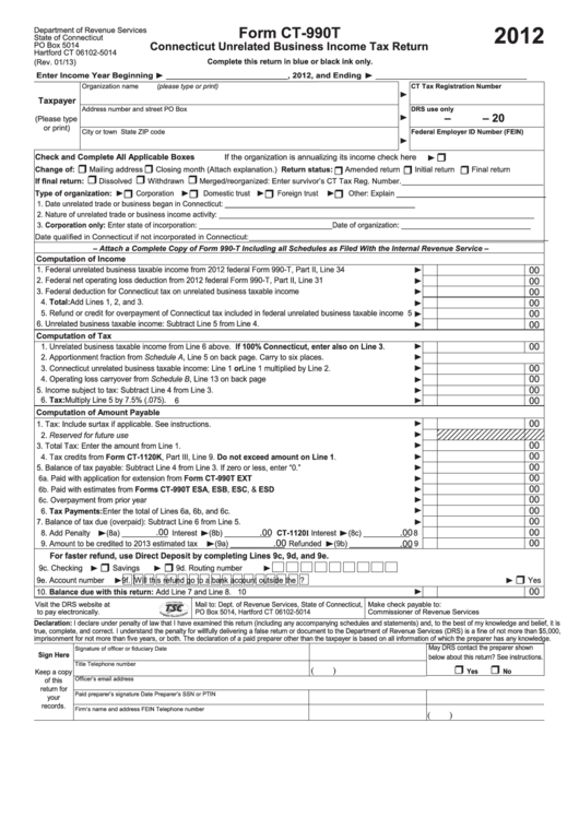 Form Ct-990t - Connecticut Unrelated Business Income Tax Return - 2012 Printable pdf