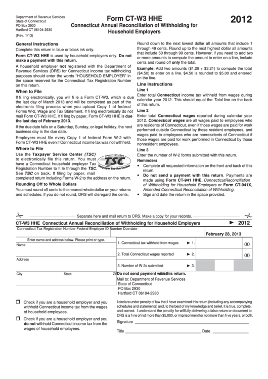 Form Ct-W3 Hhe - Connecticut Annual Reconciliation Of Withholding For Household Employers - 2012 Printable pdf