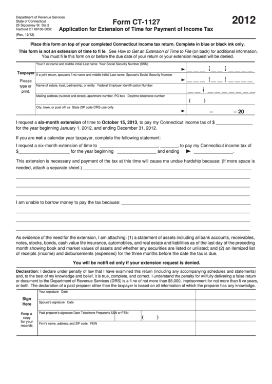 Form Ct-1127 - Application For Extension Of Time For Payment Of Income Tax - 2012 Printable pdf