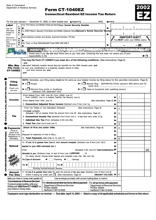 Form Ct-1040ez - Connecticut Resident Ez Income Tax Return - 2002 Printable pdf