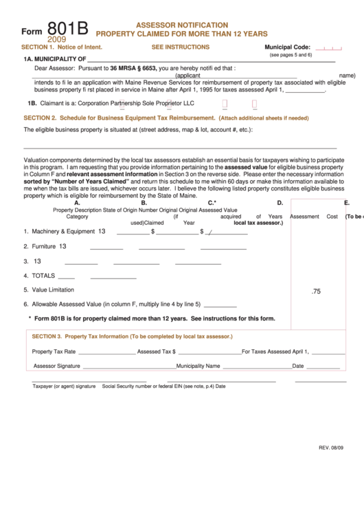 Form 801b - Assessor Notification Property Claimed For More Than 12 Years - 2009 Printable pdf