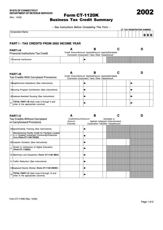 Form Ct-1120k - Business Tax Credit Summary - 2002 Printable pdf