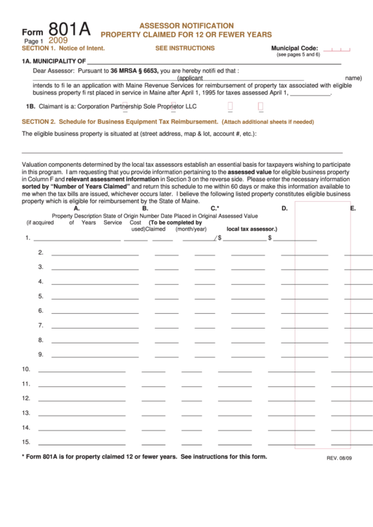 Form 801a - Assessor Notification Property Claimed For 12 Or Fewer Years - 2009 Printable pdf