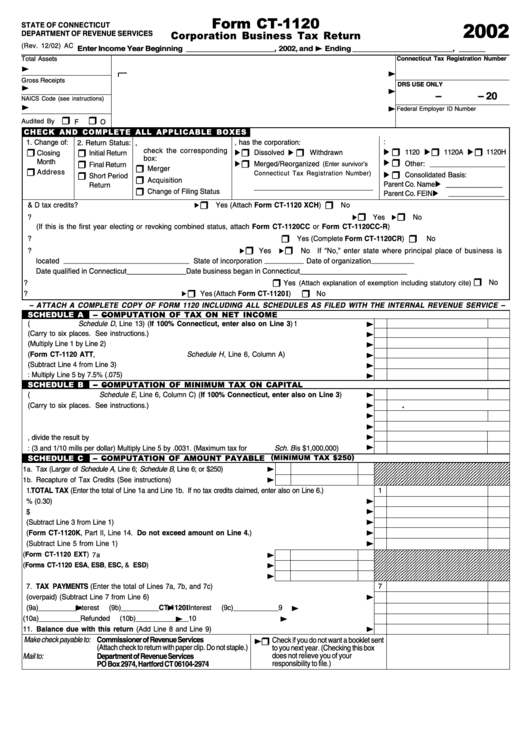 Form Ct-1120 - Corporation Business Tax Return - 2002 Printable pdf