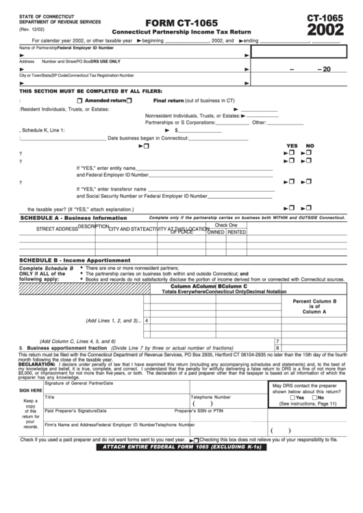 Form Ct-1065 - Connecticut Partnership Income Tax Return - 2002 Printable pdf
