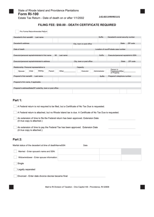 Fillable Form Ri-100 - Estate Tax Return Printable pdf