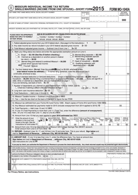 Form Mo-1040a - Missouri Individual Income Tax Return Single/married (Income From One Spouse) - 2015 Printable pdf