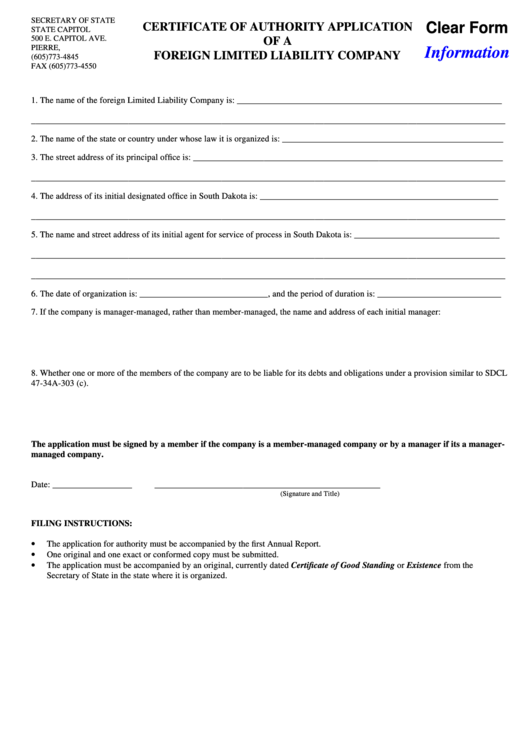 Fillable Certificate Of Authority Application Of A Foreign Limited Liability Company, First Annual Report Of A Foreign Limited Liability Company Form (2004) Printable pdf