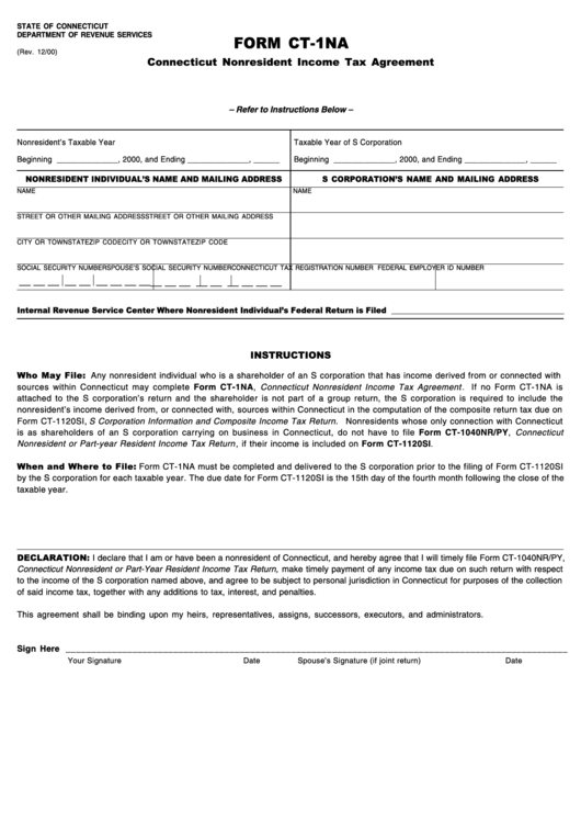 Form Ct-1na - Connecticut Nonresident Income Tax Agreement Printable pdf