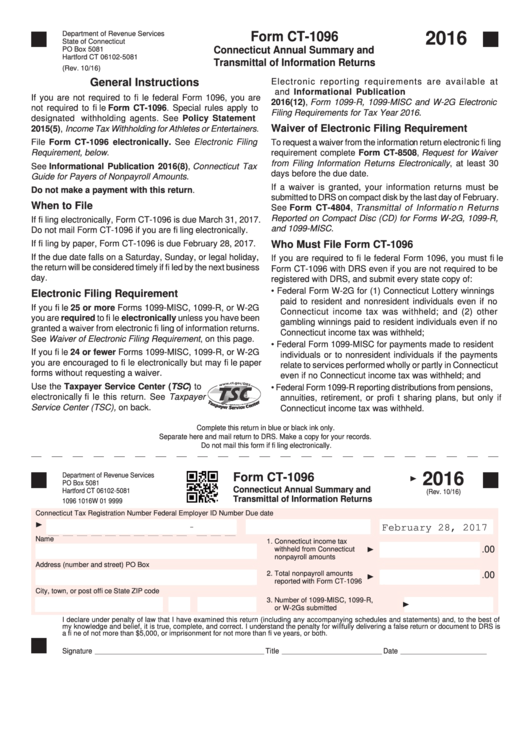 Form Ct-1096 - Connecticut Annual Summary And Transmittal Of Information Returns - 2016 Printable pdf