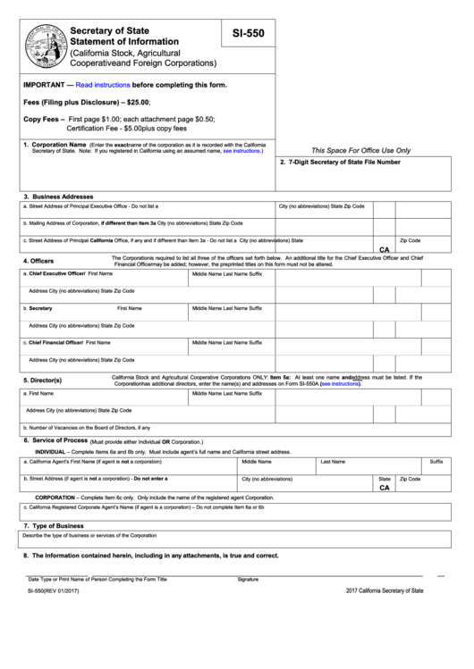 Fillable Form Si-550 - Statement Of Information Printable pdf