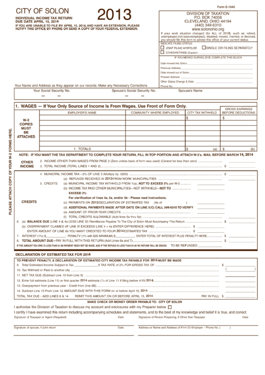 Form S-1040 - Individual Income Tax Return - City Of Solon Printable pdf