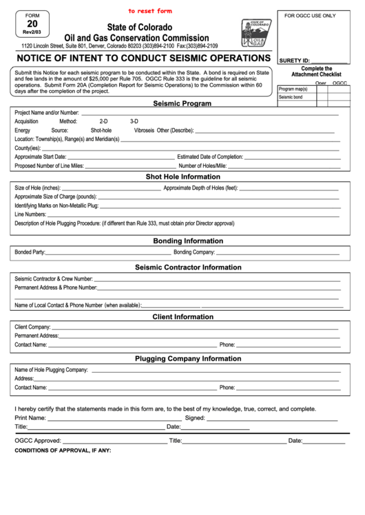 Fillable Form 20 - Notice Of Intent To Conduct Seismic Operations Printable pdf