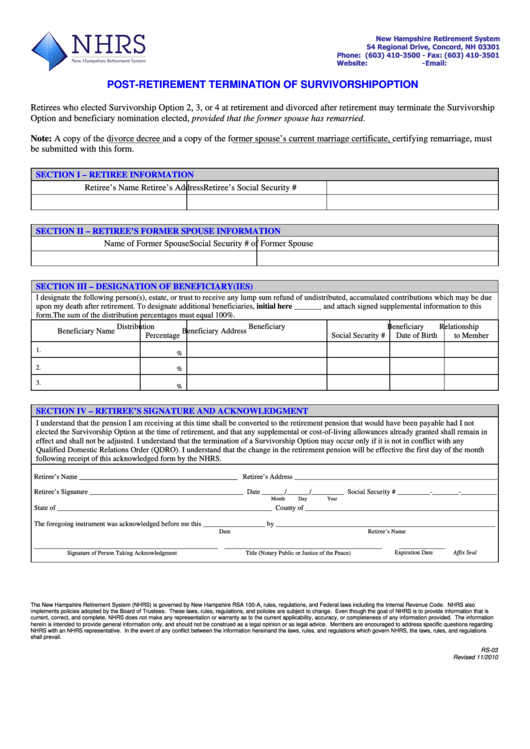 Fillable Form Rs-03 - Post-Retirement Termination Of Survivorship Option - 2010 Printable pdf