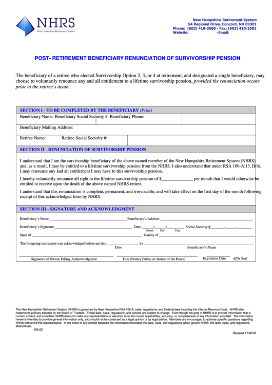 Fillable Form Rs-02 - Post-Retirement Beneficiary Renunciation Of Survivorship Pension Printable pdf