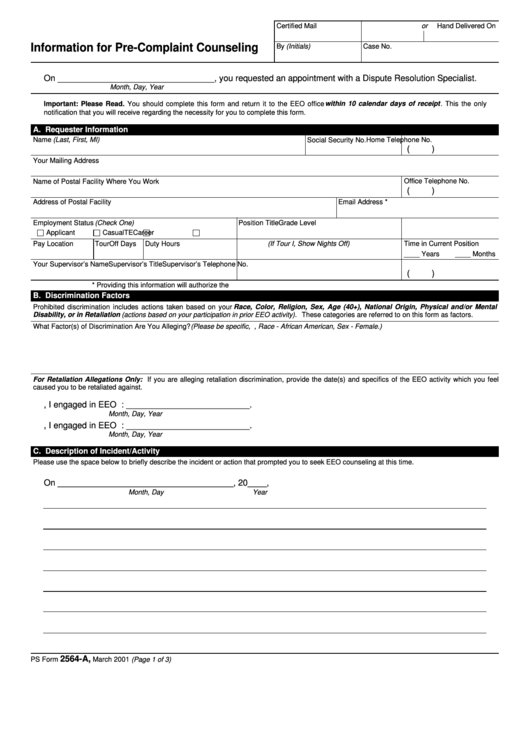 Ps Form 2564-A - Information For Pre-Complaint Counseling Printable pdf