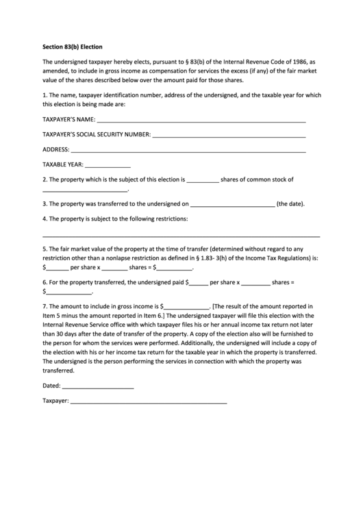 Fillable Section 83(B) Election Form Printable pdf