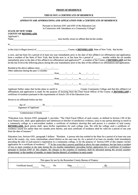 Affidavit And Application For A Certificate Of Residence Form Printable pdf